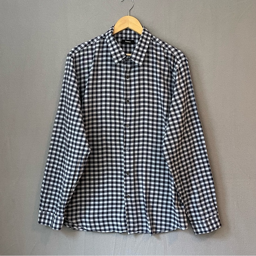 Theory Men’s XL Blue Gingham Button Down Shirt Classic Fit